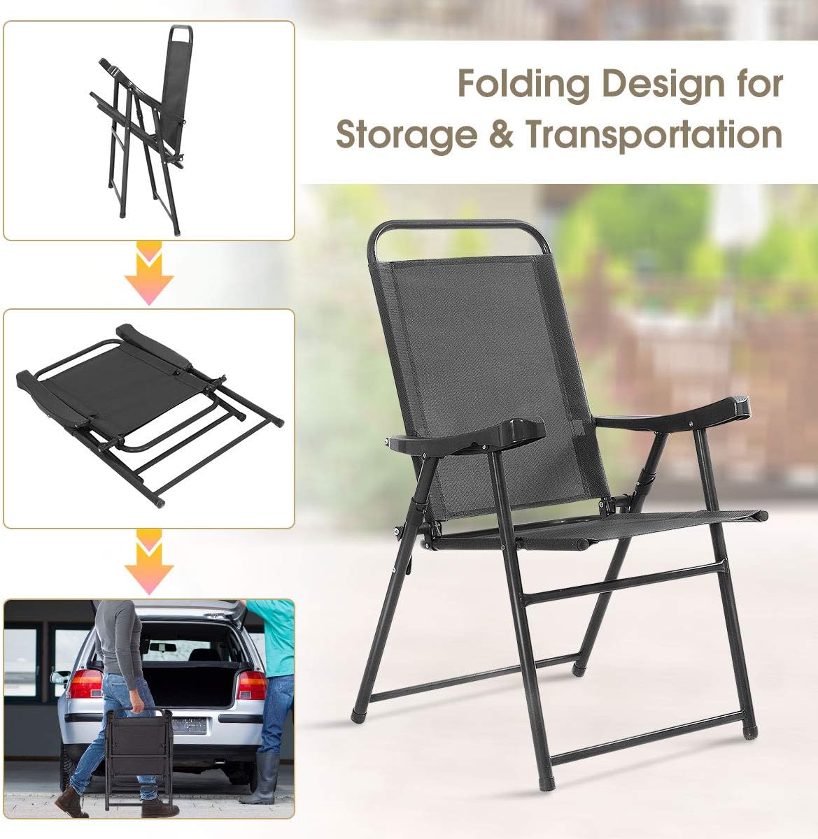 S AFSTAR Folding Sling Chairs, Patio Furniture Chair Set with Armrest for Lawn Garden (Dark Gray 4PCS)