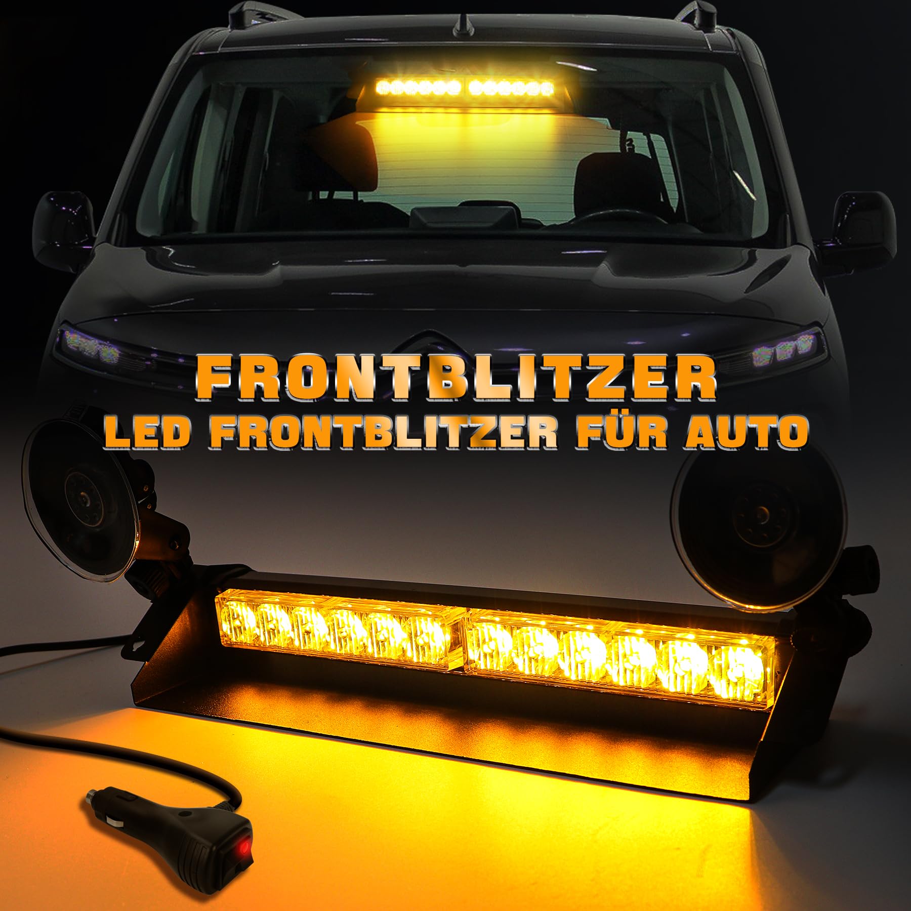 Frontblitzer Warnleuchte 12 LED - 35.6cm 9 Blinkmodi Blitzleuchte, 2 Saugnäpfe Hohe Intensität 12/24V Blinkende Windschutzscheibe Lampe Stroboskopstange für Auto (Gelb)