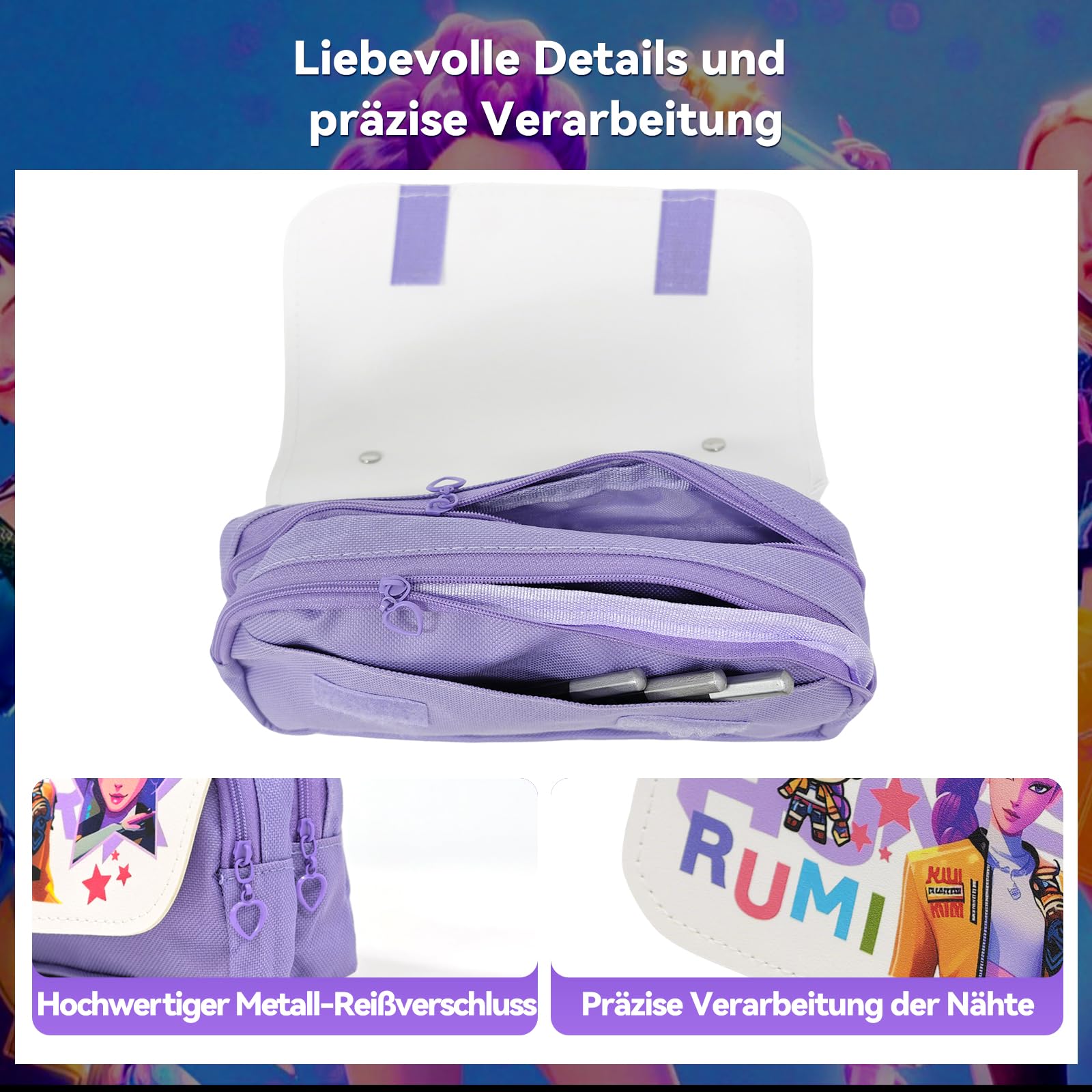 Estuche para niñas, estilo pop coreano, moderno, con diseño de Huntrix, estuche con compartimentos, para la escuela y el ocio, niños y adolescentes, púrpura-blanco, Federmäppchen Klein