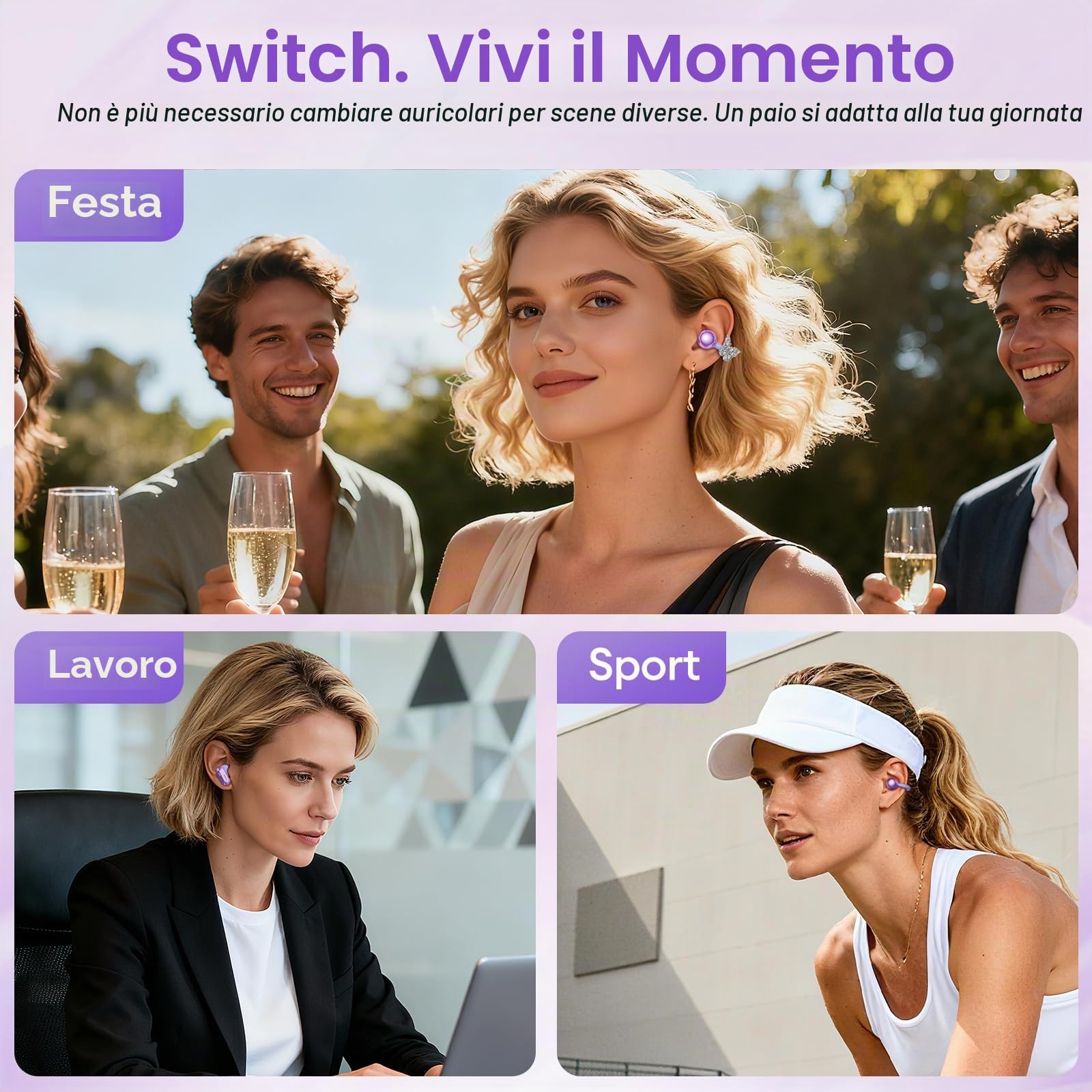 PAXA 3 in 1 Cuffie Open Ear Clip-on con Orecchini Farfalla Diamanti Rimovibile– Auricolari Bluetooth 6.0, Audio HiFi, 140H, Elegante Design Aperto, Ideali per Lo port e Tempo Libero, Ctbuds Viola