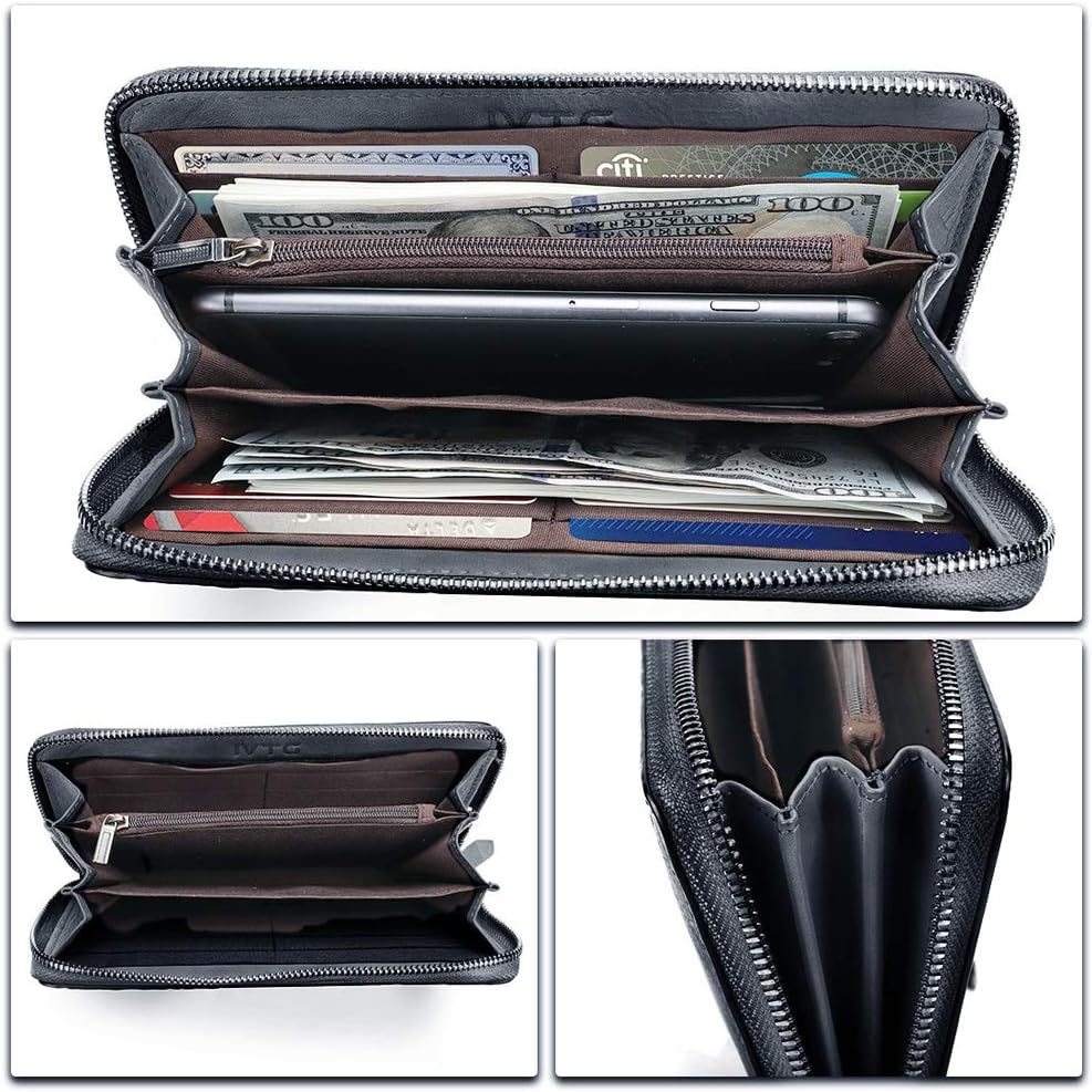 Genuine Leather Wallet Women's Zip Around Wristlet Long Purse Vintage Embossing Cowhide Capacity Handmade Clutch (Gray)