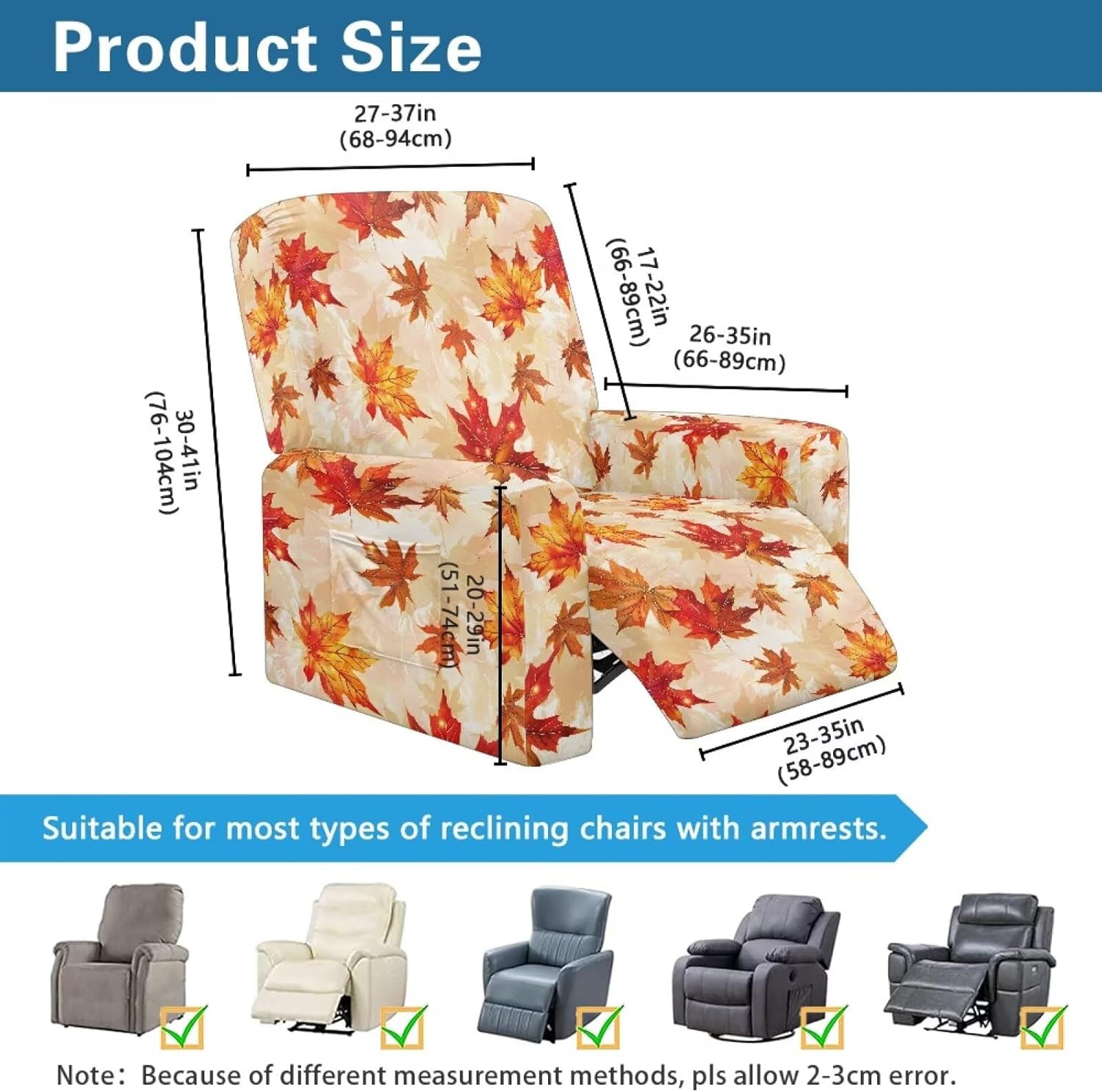 FOR U DESIGNS Fall Maple Leaves Furniture Covers for Recliners 4-Piece Stretch Set with Storage Pockets Washable Recliner Slipcover Protector Stay in Place for Pets