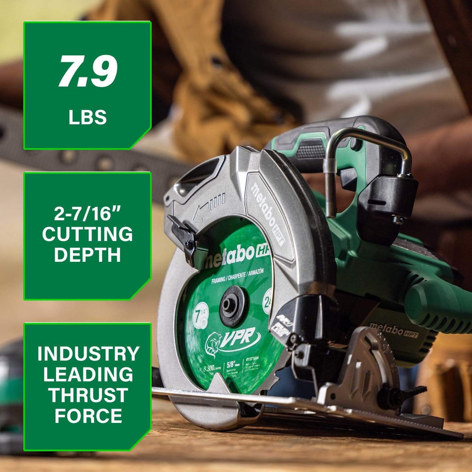 Metabo HPT 36V MultiVolt 7-1/4" Circular Saw, Torque Boost Technology, High Power and Torque, Visible Cutting Depth Indicator, Lightweight Aluminum Base Plate, Tool Body Only, C3607DBQ4