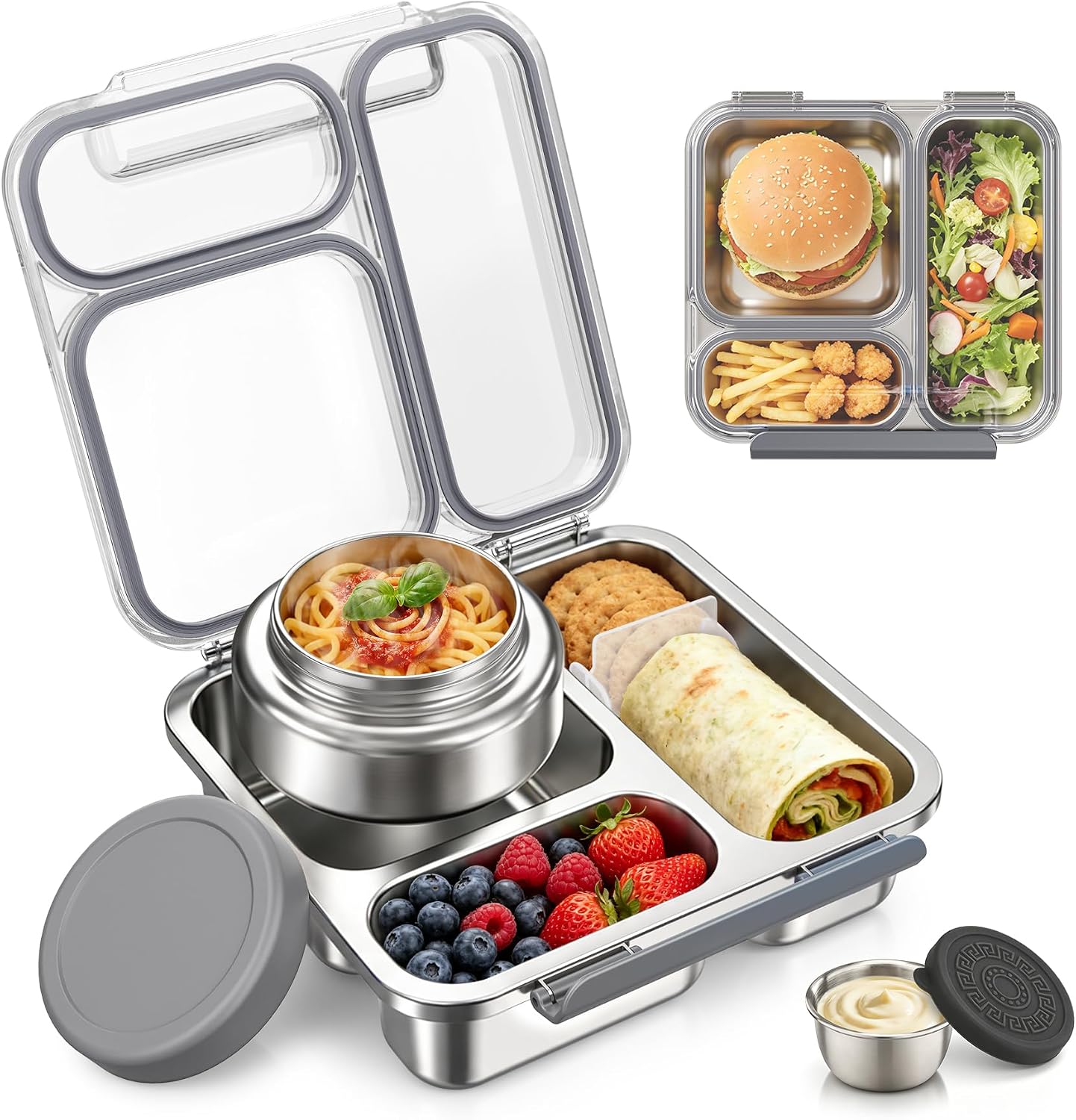 Pawtong Stainless Steel Bento Box Kids Adult with 7oz Insulated Food Jar, Transparent Lid Metal Lunch Box With Soup Thermal Jar, Lunch Box Container with Removable Divider & Sauce Cup School (Blue)