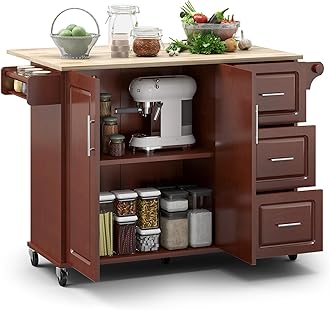 Rovibek Kitchen Island on Wheels with Drop Leaf 53 in Large Rolling Kitchen Islands with Storage Wood Portable Kitchen Island Cart with Drawers Cabinet Spice Towel Rack Storage