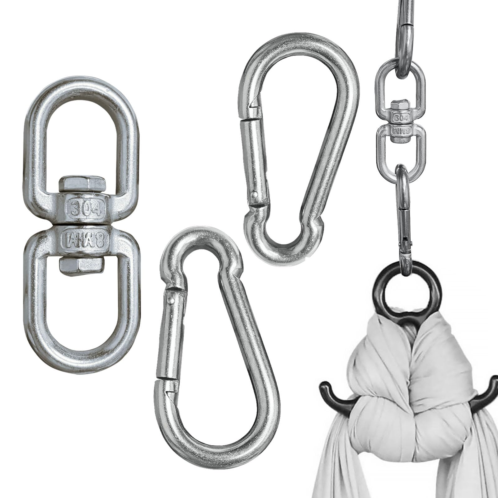 QQdou Swing Swivel, Heavy Duty Double Ended Swivel Eye Hook with 2 Snap Hooks, 304 Stainless Steel 360° Rotate, for Web Tree Swing, Swing Spinner Hanger, Heavy Bag, Aerial Silks Swivel, 500kg