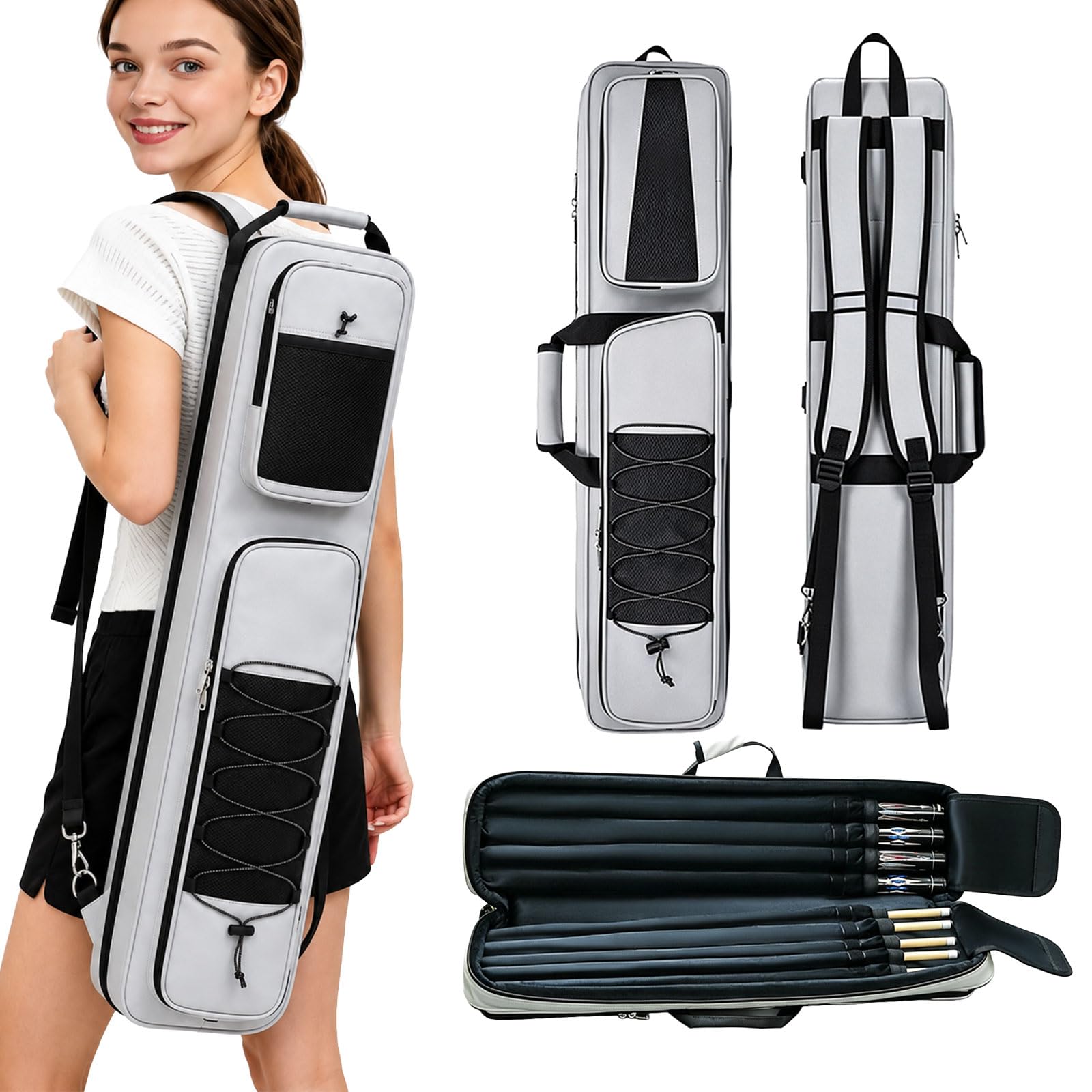 Hocomay Pool Cue Case, 4 X 5 Pool Stick Carrying Case with Handle and Shoulder Strap, Holds 4 Butts and 5 Shafts, Soft Velvet Lining, Billiard Cue Bag with Multi-Front Pocket for Billiard Accessories