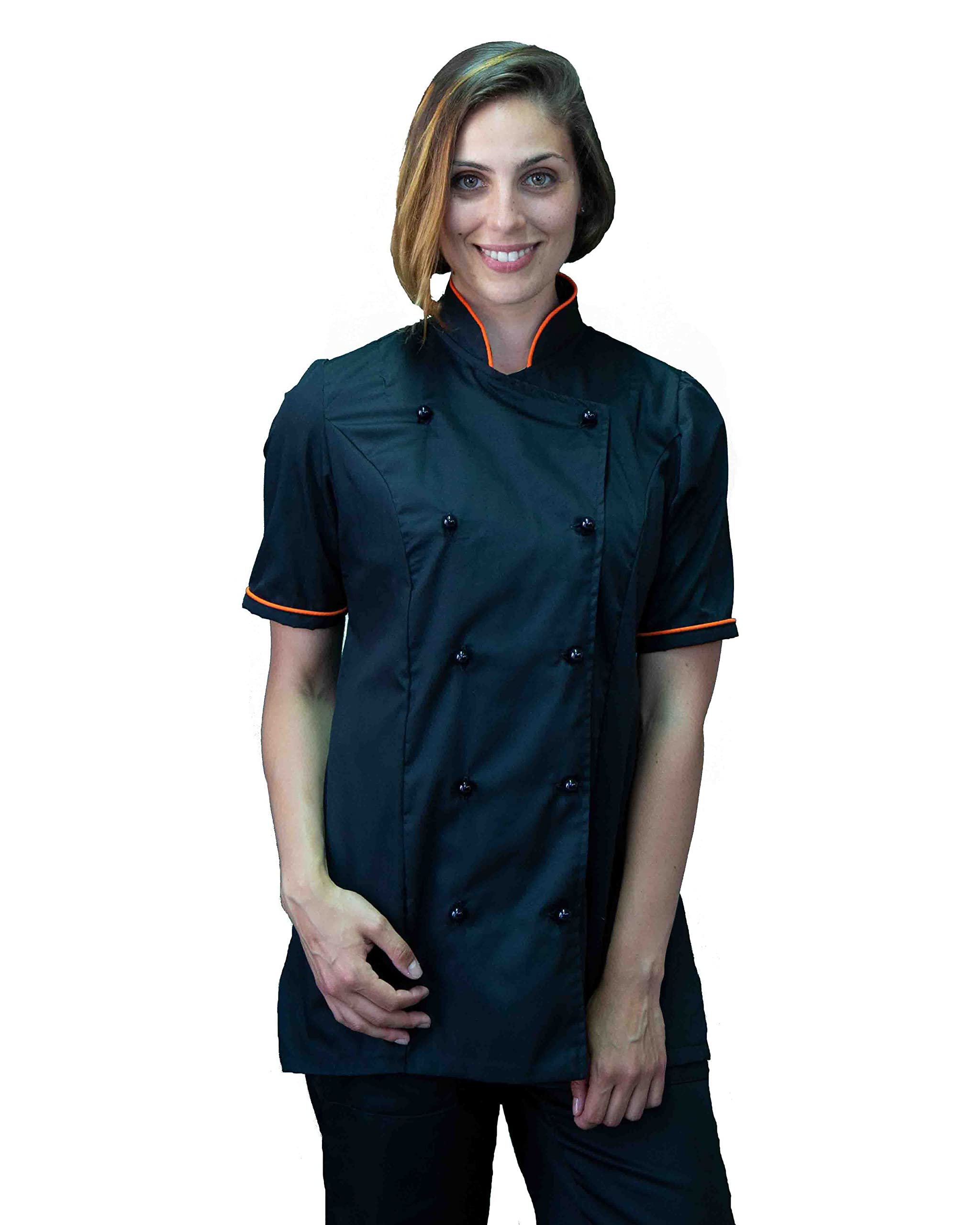 Bordado gratis - Conjunto de cocinero para mujer negro y naranja - Uniforme Chef personalizable M/C - Chaqueta, pantalones y delantal - Uniforme para cocina y restaurante - Made in