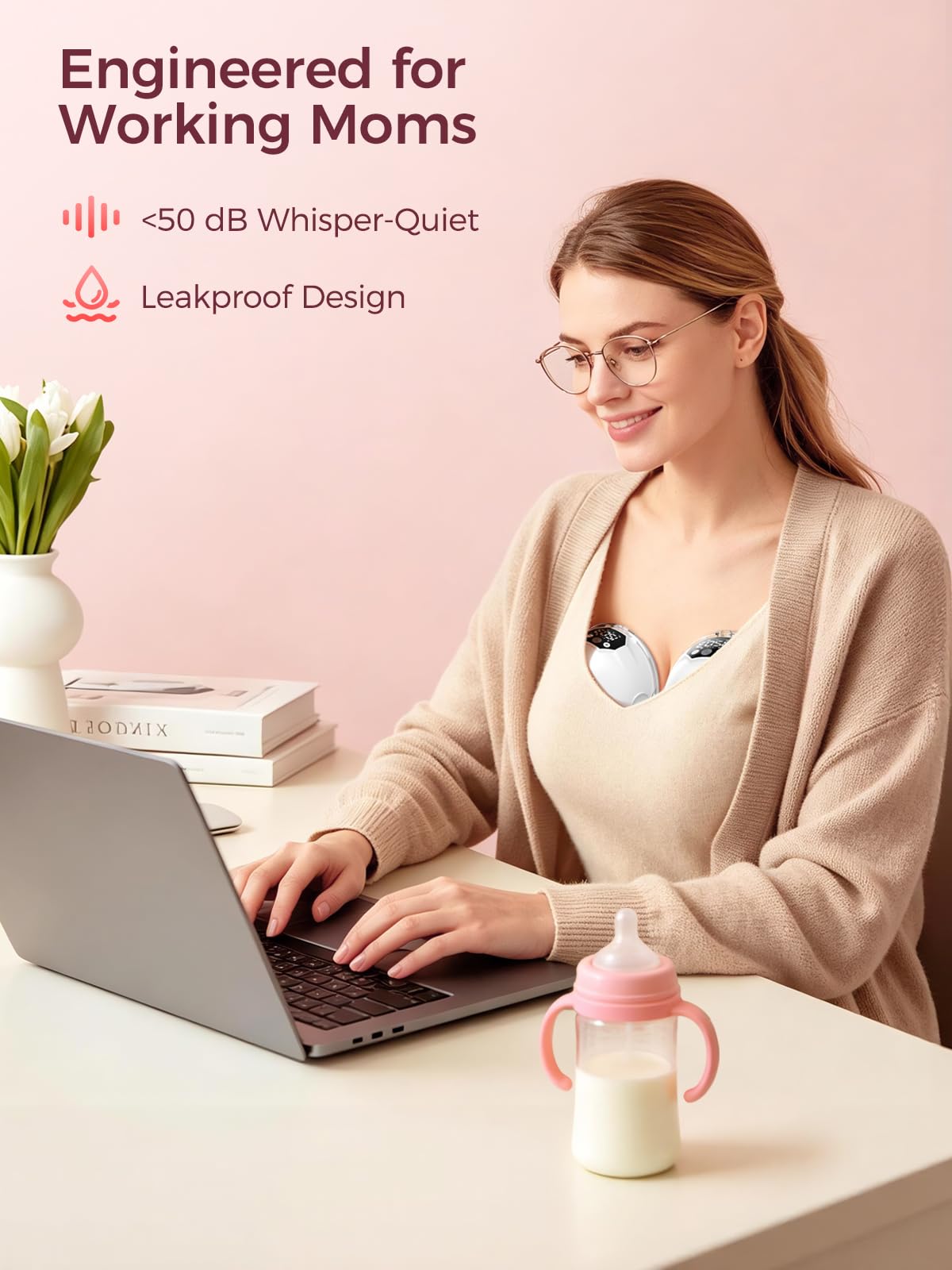 Handfreie Milchpumpe, bequem, schmerzlos, starke Saugkraft, wiederaufladbar, elektrische Milchpumpe, Smart-App, tragbare Pumpe, auslaufsicher, 4 Modi, kabellose Pumpe für Fahren, Büro, Yoga, Schlafen