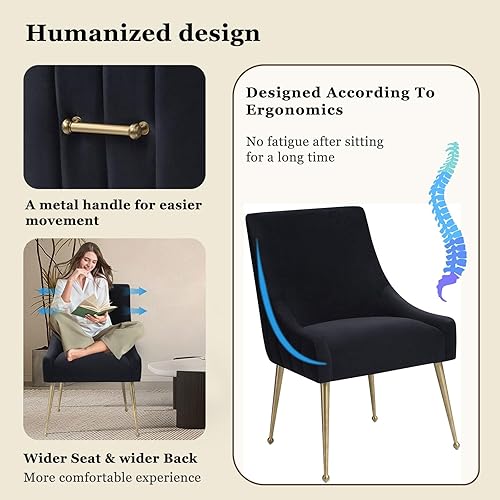 Miniatura 4 de Irina - Silla de comedor moderna de terciopelo negro y gris fácil de limpiar, silla lateral tapizada con patas doradas cepilladas