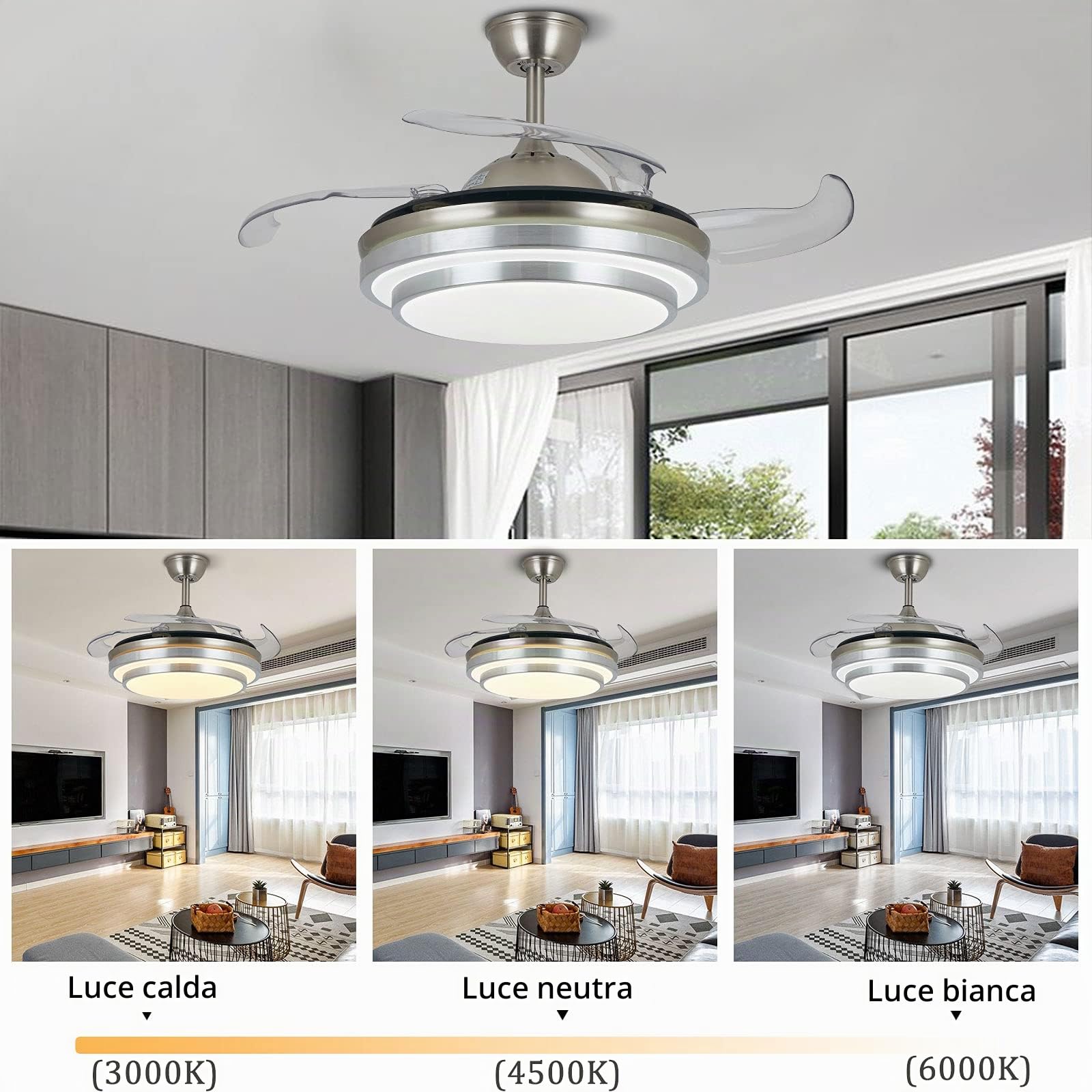 Ventilatore da soffitto da 36" con illuminazione, telecomando Invisible Fan lampadario 4 lamelle per sala da pranzo, ristorante, soggiorno, camera da letto