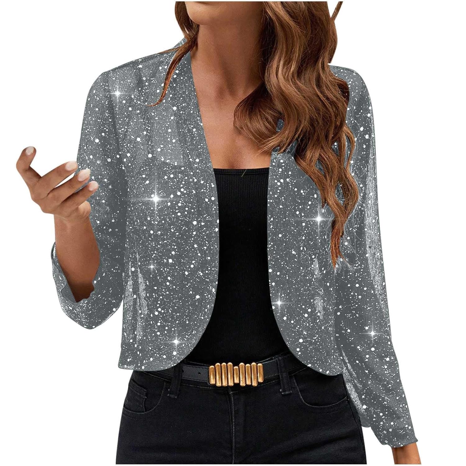 Womens 3 4 Sleeve Shirts Sequin Cardigan Jackets Open Front Sparkly Tops Shiny Bling Dressy Casual Holiday Party