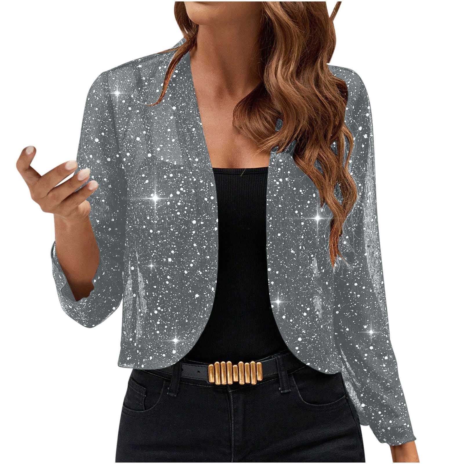 Womens 3 4 Sleeve Shirts Sequin Cardigan Jackets Open Front Sparkly Tops Shiny Bling Dressy Casual Holiday Party
