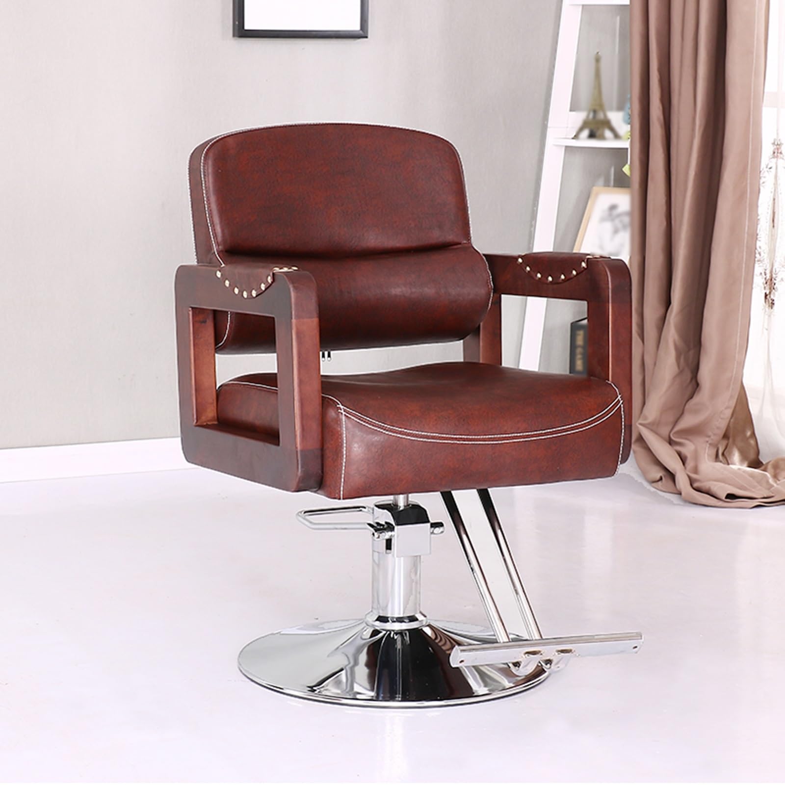 Sillas de barbero, Silla de salón Resistente para estilistas - Silla de barbero Ajustable de Cuero sintético con reposabrazos de Madera Maciza para barbería y SPA - Cómoda Silla de Estilista