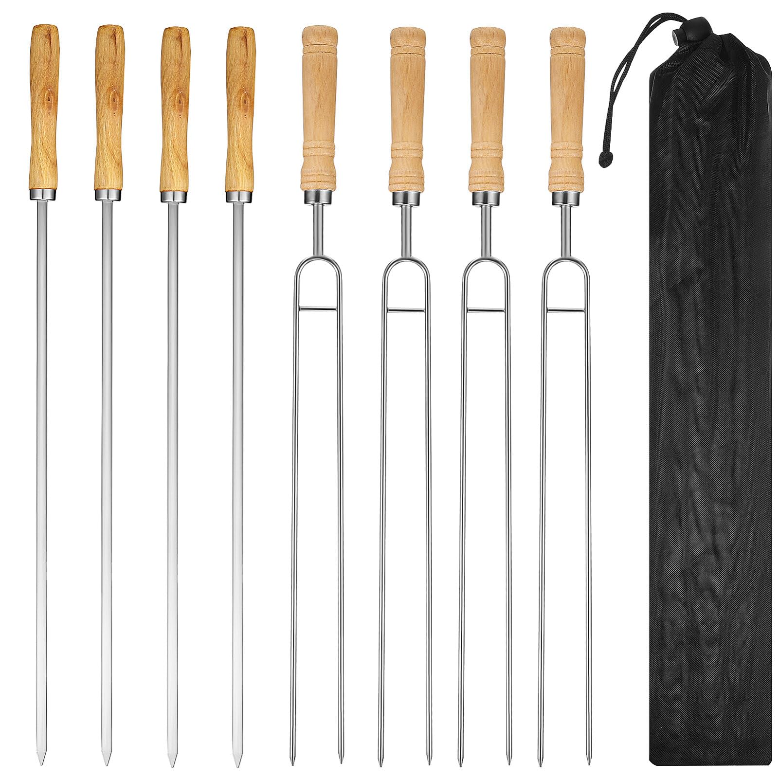 Kichvoe 8 Piezas Tenedor De Barbacoa De Acero Inoxidable Tenedor Doble Tenedor Individual Suministros De Barbacoa Parrilla De Barbacoa Brocheta Plana De Sola Cabeza Mango De Madera