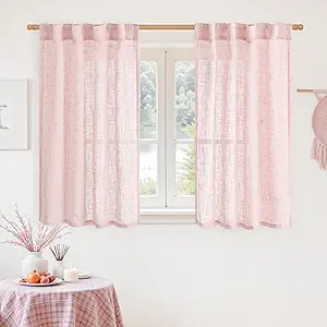 LAMIT 40 Inch Length Linen Curtains for Small Windows, Semi Sheer Light Filtering Panels Back Tab and Rod Pocket Neutral Drapes for Basement/Window/Kids Room, Pink, 2 Panels, 34 x 40 Inch