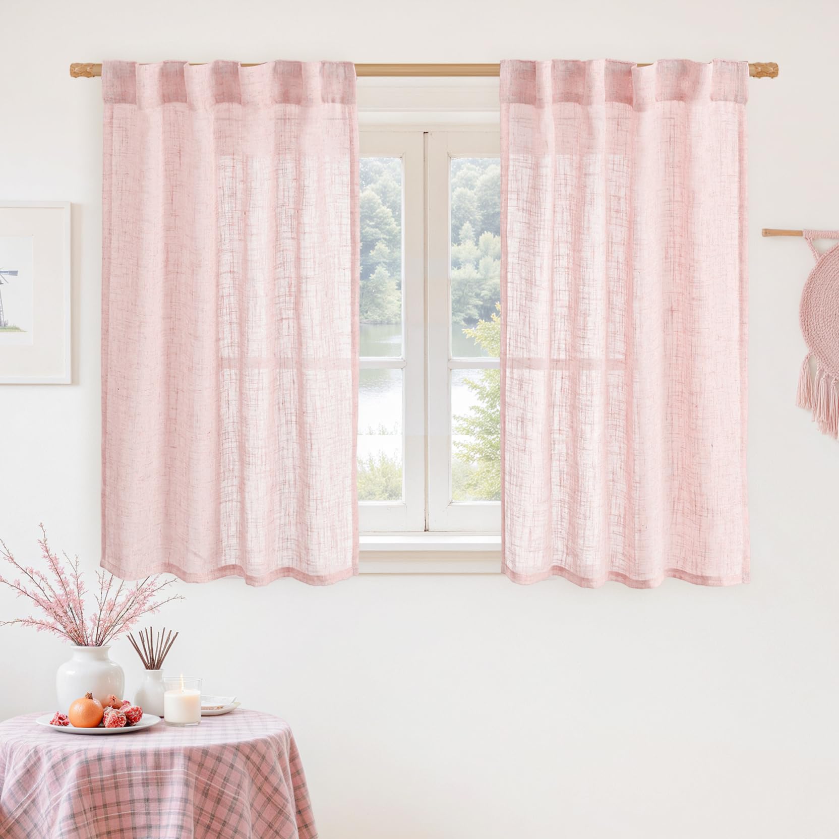 LAMIT 40 Inch Length Linen Curtains for Small Windows Over Silk 2 Panels — image 1