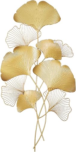 EVEPES Decoración de pared dorada para dormitorio colgante estético hojas de ginkgo biloba 3D esculturas de metal de hierro para el hogar decoración