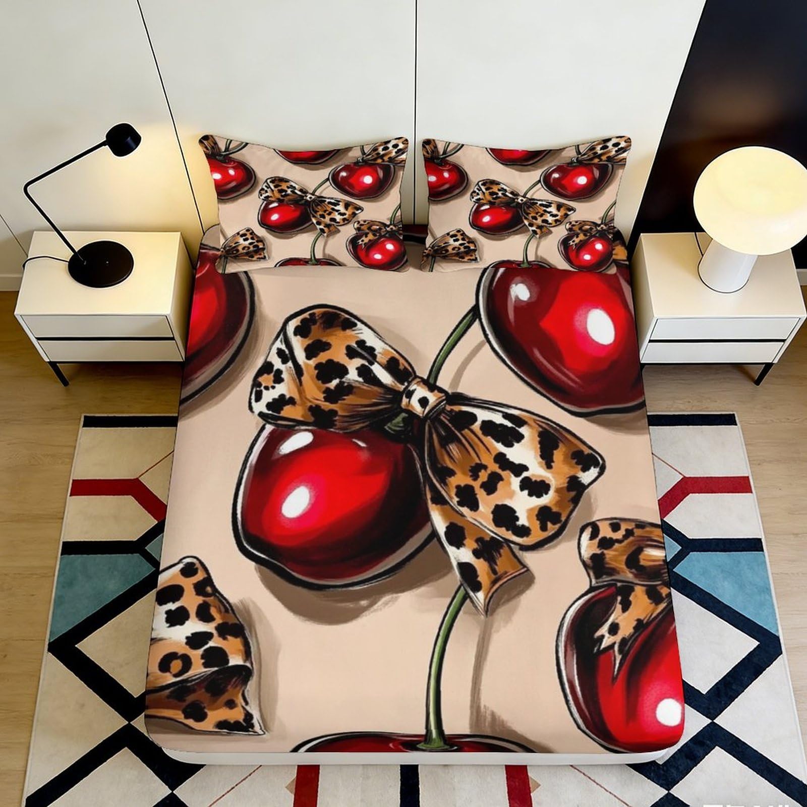 Pnayamiorkfel Style-3 3D Printed Cherry Leopard Bow Fitted Sheet Microfiber Soft Bedroom Decor Bed Cover Anti-Slip Machine Washable 90X200x25cm