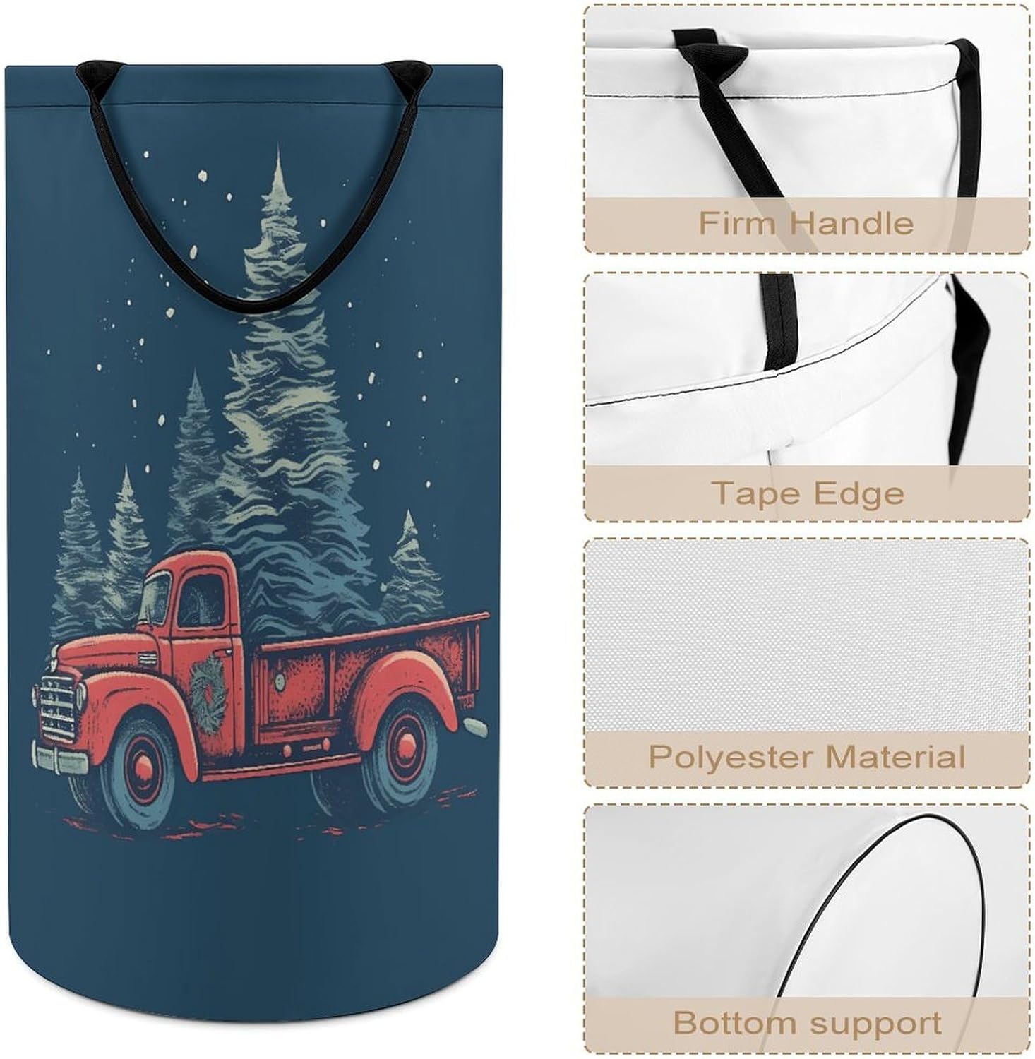 Large Laundry Basket Red Truck with Christmas Tree Dirty Clothes Hamper Collapsible Waterproof Laundry Hamper with Handles Freestanding Toy Blanket Storage Basket for Bedroom Bathroom