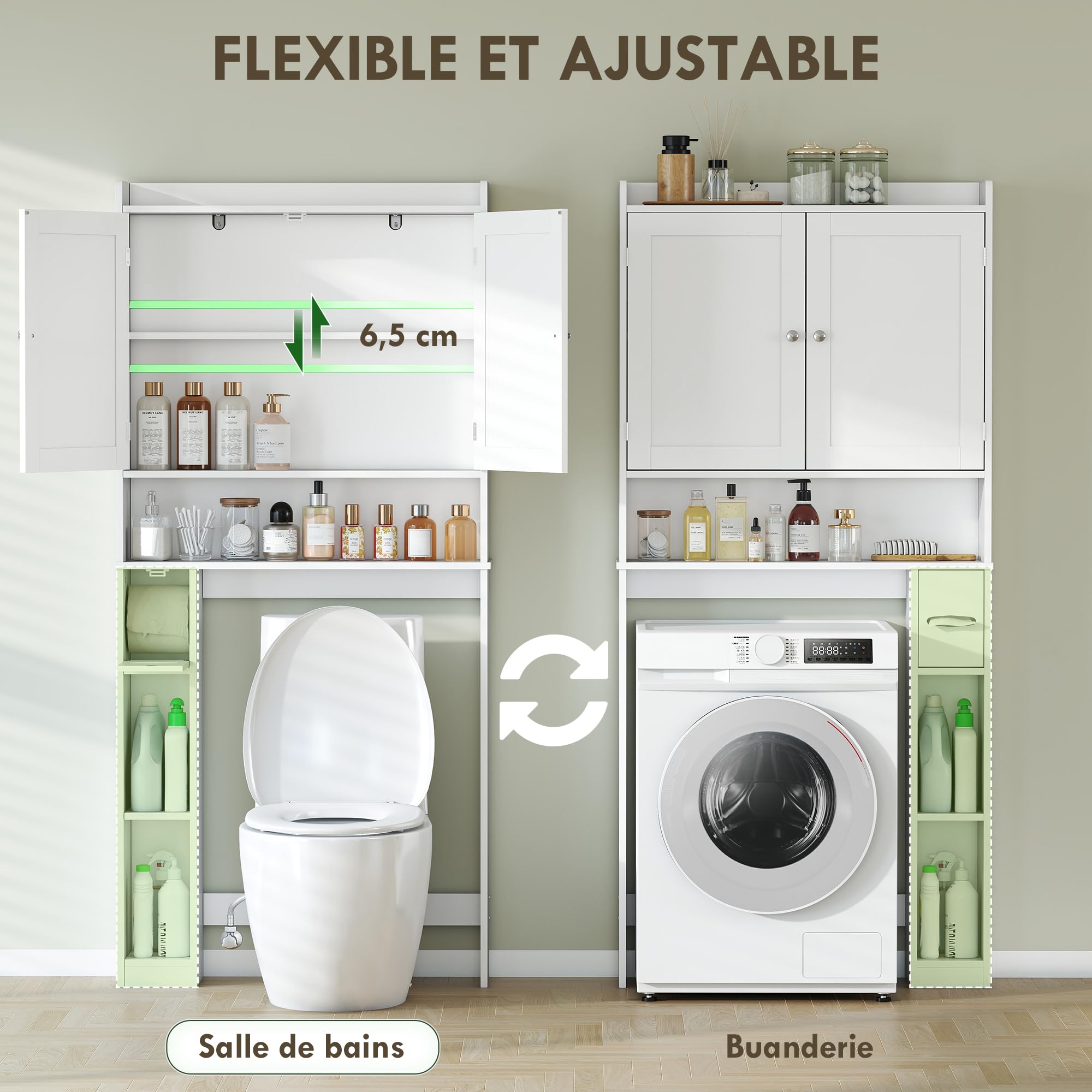 HOMCOM Mobiletto sopra il WC o la lavatrice, armadietto sopra il WC con 2 ante, 3 scomparti aperti, ripiano regolabile, porta carta igienica, 80 x 19,5 x 170 cm, bianco