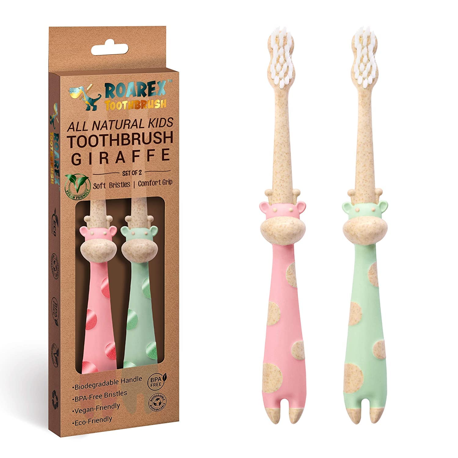 ANPEI ROARex Vegan Earth Friendly All Natural Kids Toothbrush Made from Plants – Sweet Baby Giraffe | 100% Biodegradable and Compostable | 1% for The