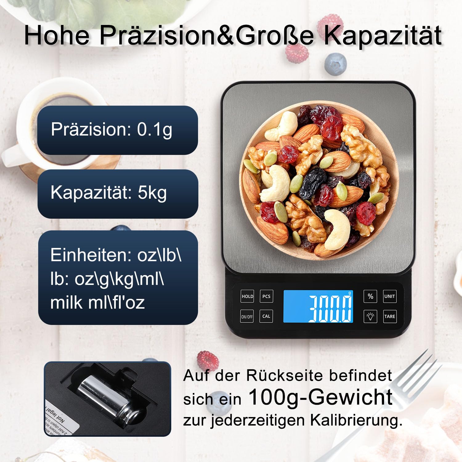BOMATA 0.1g/5kg Große Digitale Küchenwaage, Hochpräzise Bäckereiwaage mit% Prozentfunktion. USB aufladbar, Wiegeplatte aus rostfreiem Stahl.