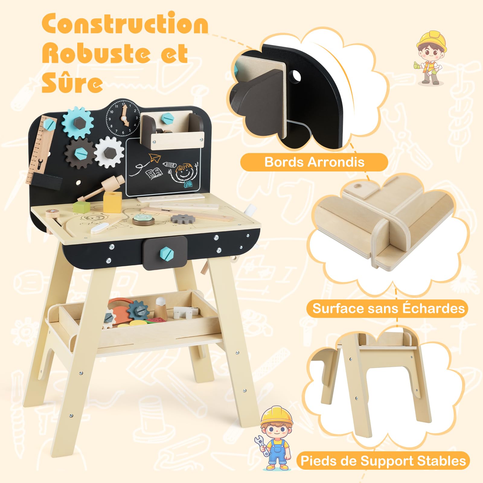 COSTWAY Établi Enfant avec Outils et Accessoires, Atelier Bricolage Enfant en Bois avec Étagères de Rangement, Tableau Noir, Horloge, Marteau, Tournevis, pour Garçons et Filles de 3+ Ans