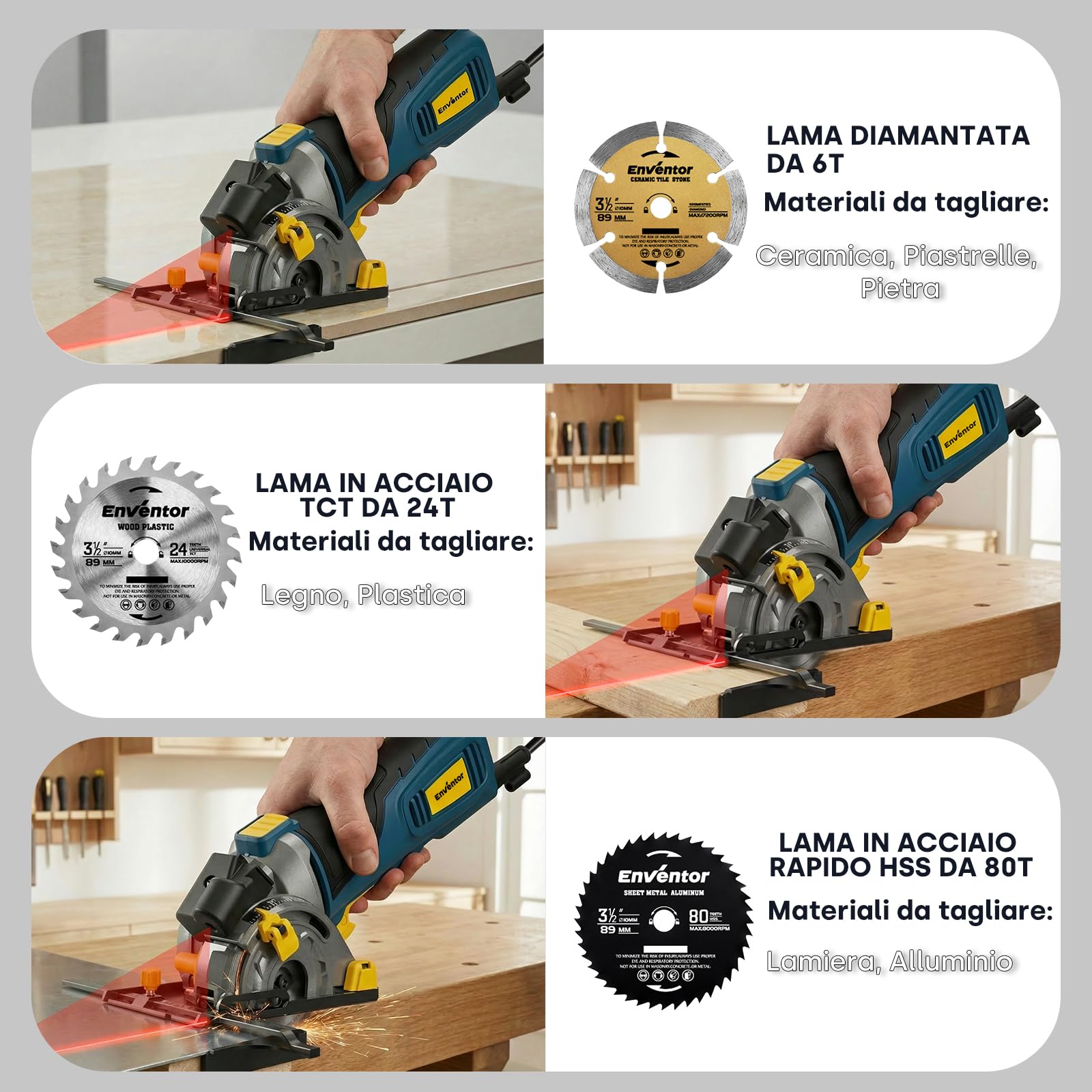 Enventor Mini Sega Circolare con laser, 600W, 5500RPM, funzionamento con una sola mano, 3 Lame (89mm), per legno, piastrelle, plastica e metallo sottile