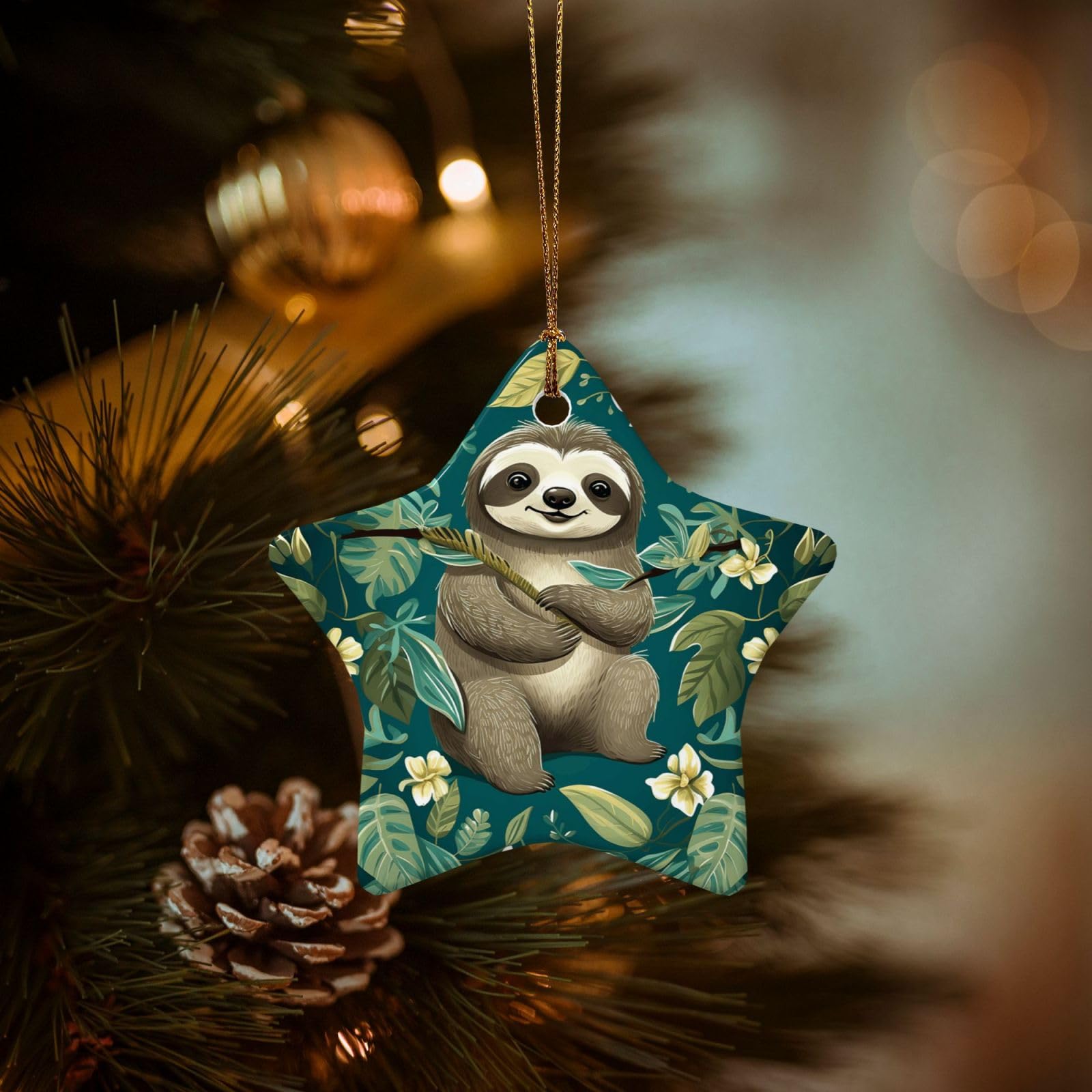 Christmas Ornaments for Christmas Tree Decoration Hanging Adorable Sloth Ornament with Gold Ribbon Crafts Star Shape Ceramic Pendant for Keepsake Gifts Xmas Decor Party Supplies