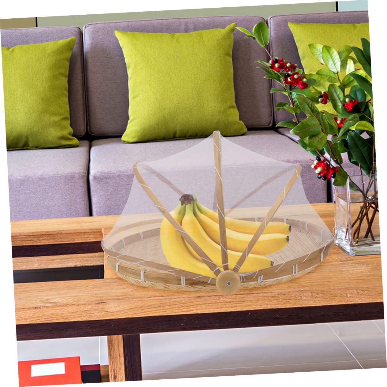 Ciieeo Bamboo Tray Mesh Cover Round Storage Basket for Food Woven Decor Serving Tray Handles