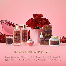 Christmas Gifts for Women, spa kit Gifts for Her Mother\'s Day Bath Spa Gift Set Red Rose & Tulip Spa Basket Kits for Women, Contains Body Oil, Body Lotion, Salt, self care baskets Mother\'s Day Gift