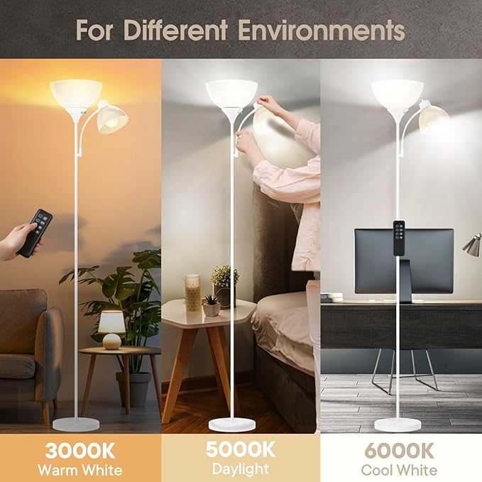 GERGO GERGO Led Floor Lamp, Super Bright 11W+7W 2100LM Torchiere Floor Lamps for Living Room, Stepless Adjustable 3000K-6000K Temperatures with Remote Control for Bedroom (White) photo 2