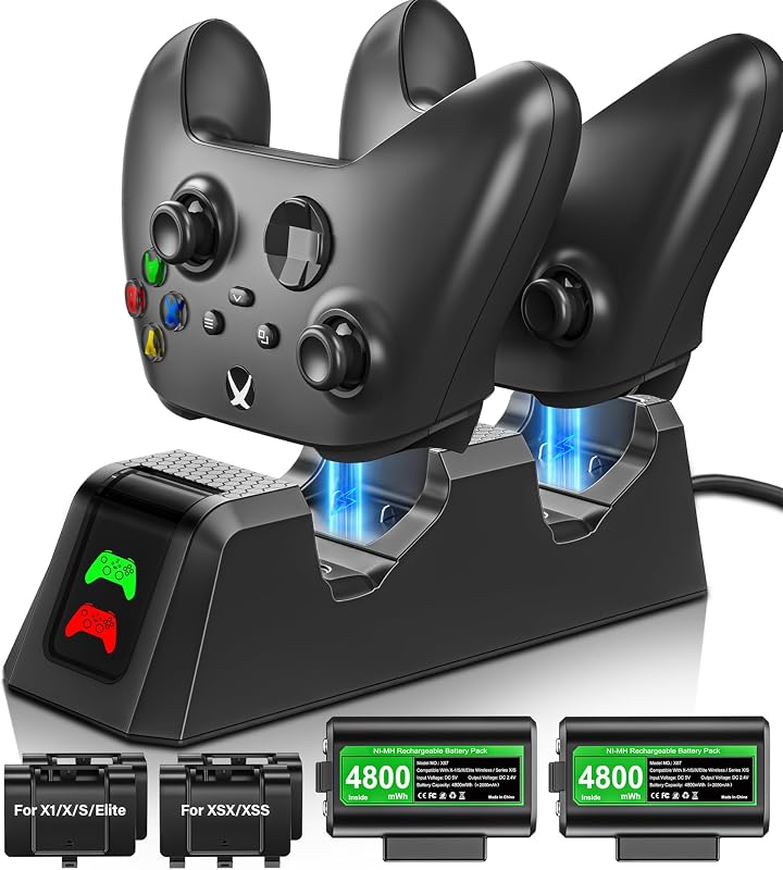Rechargeable-Battery-Pack-for-Xbox-Controller, 2x4800mWh Batteries Pack with Charging Station for Xbox One/Xbox Series X|S Xbox One S/Xbox One X/Xbox One Elite Controller Charger Dock Accessories