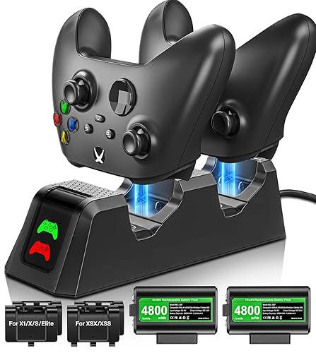 Rechargeable-Battery-Pack-for-Xbox-Controller, 2x4800mWh Batteries Pack with Charging Station for Xbox One/Xbox Series X|S Xbox One S/Xbox One X/Xbox One Elite Controller Charger Dock Accessories - Black