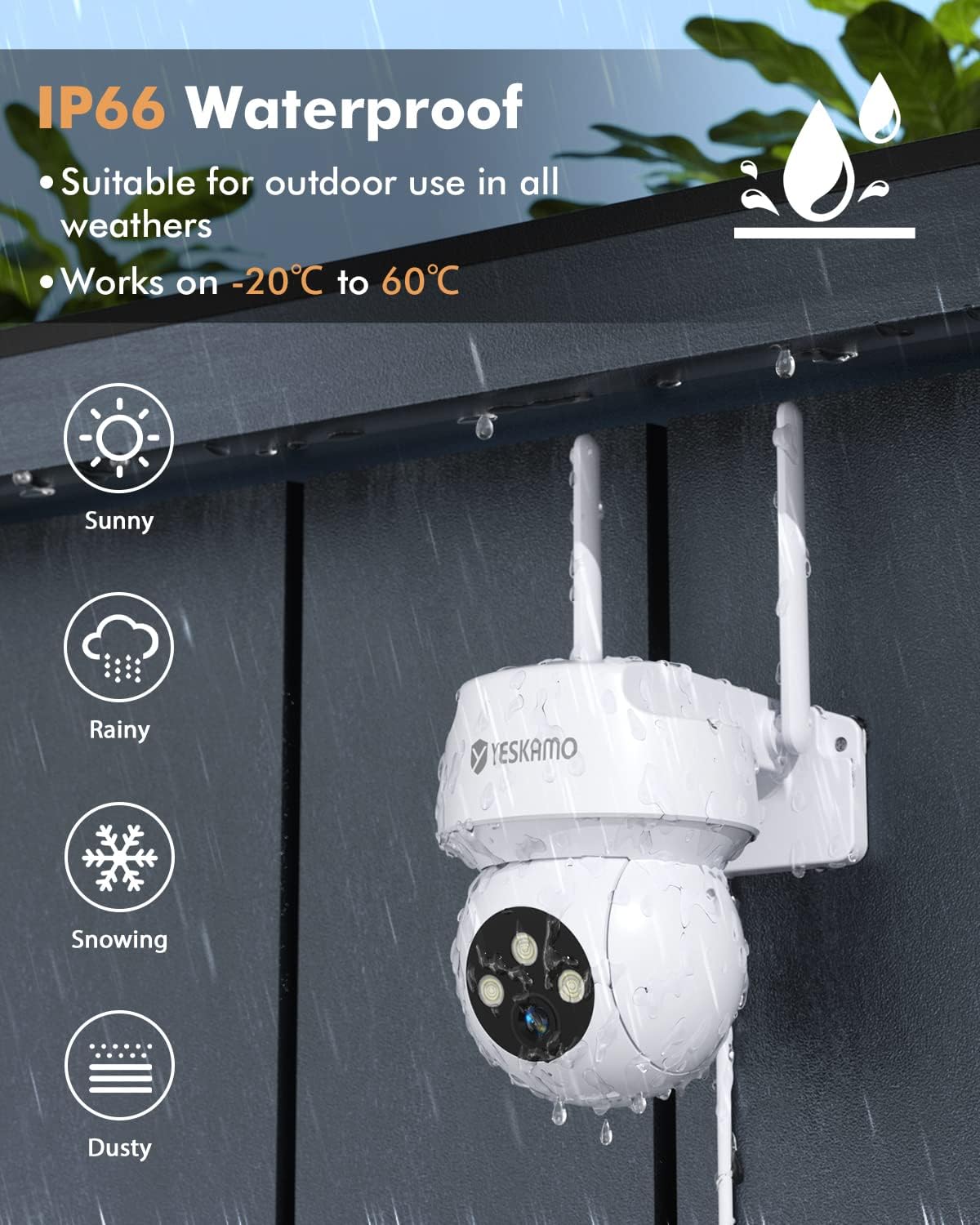 YESKAMO QB320 Camera showing IP66 waterproof rating and suitability for various weather conditions