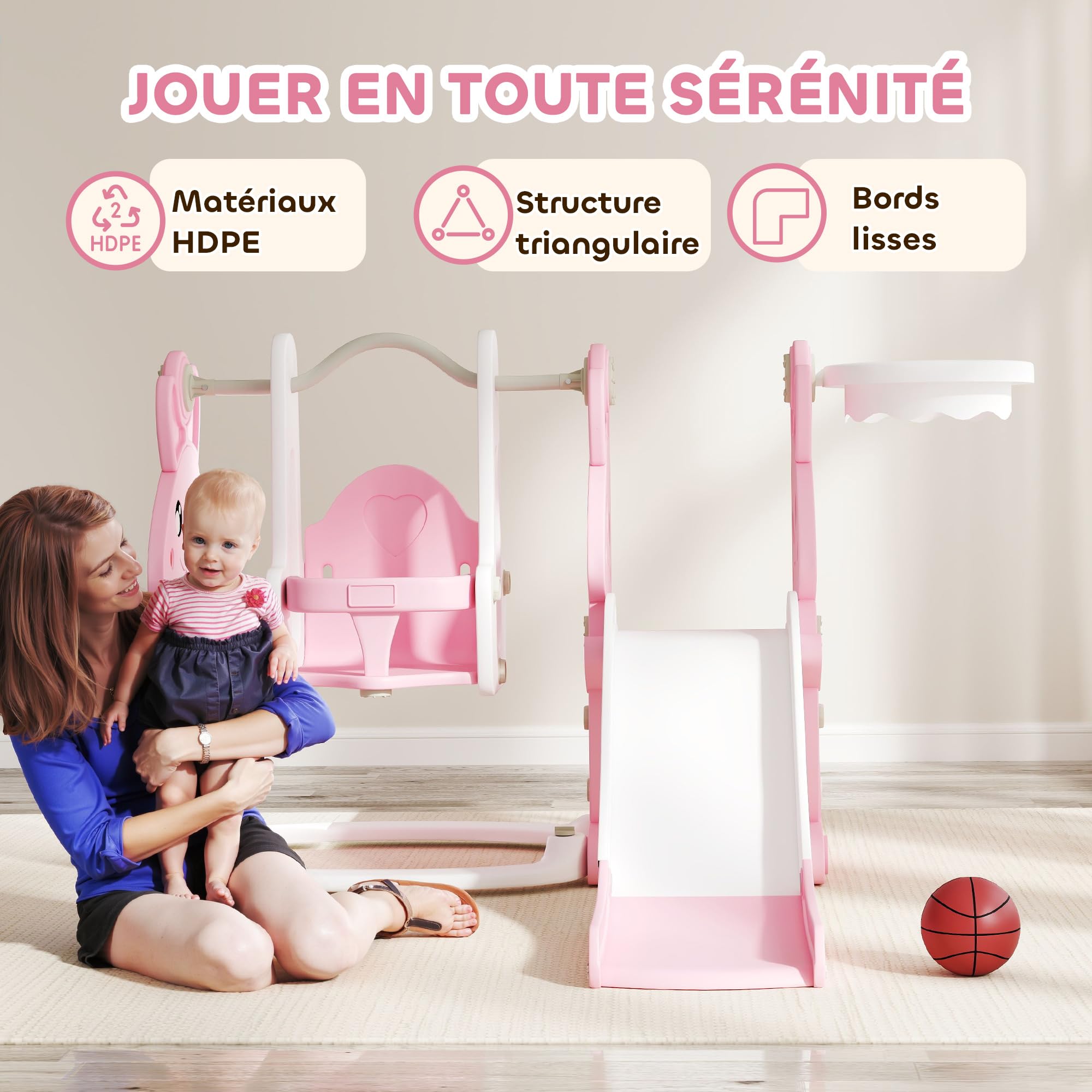 AIYAPLAY 3-in-1 Kinderrutsche Met Klimtoren, Basketbalring En Bal Opvouwbare Indoor Peuterglijbaan Voor Kinderen Van 2 5 Jaar