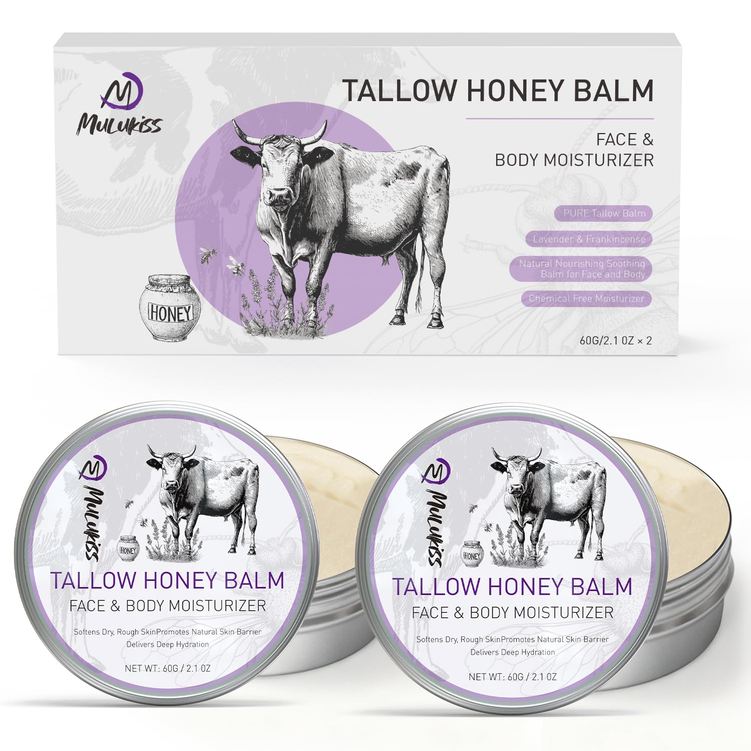 Mulukiss Beef Tallow for Skin – 2 Pcs Grass-Fed Tallow and Raw Honey Balm with Lavender Essential Oil, Natural Tallow Face Moisturizer & Beef Tallow
