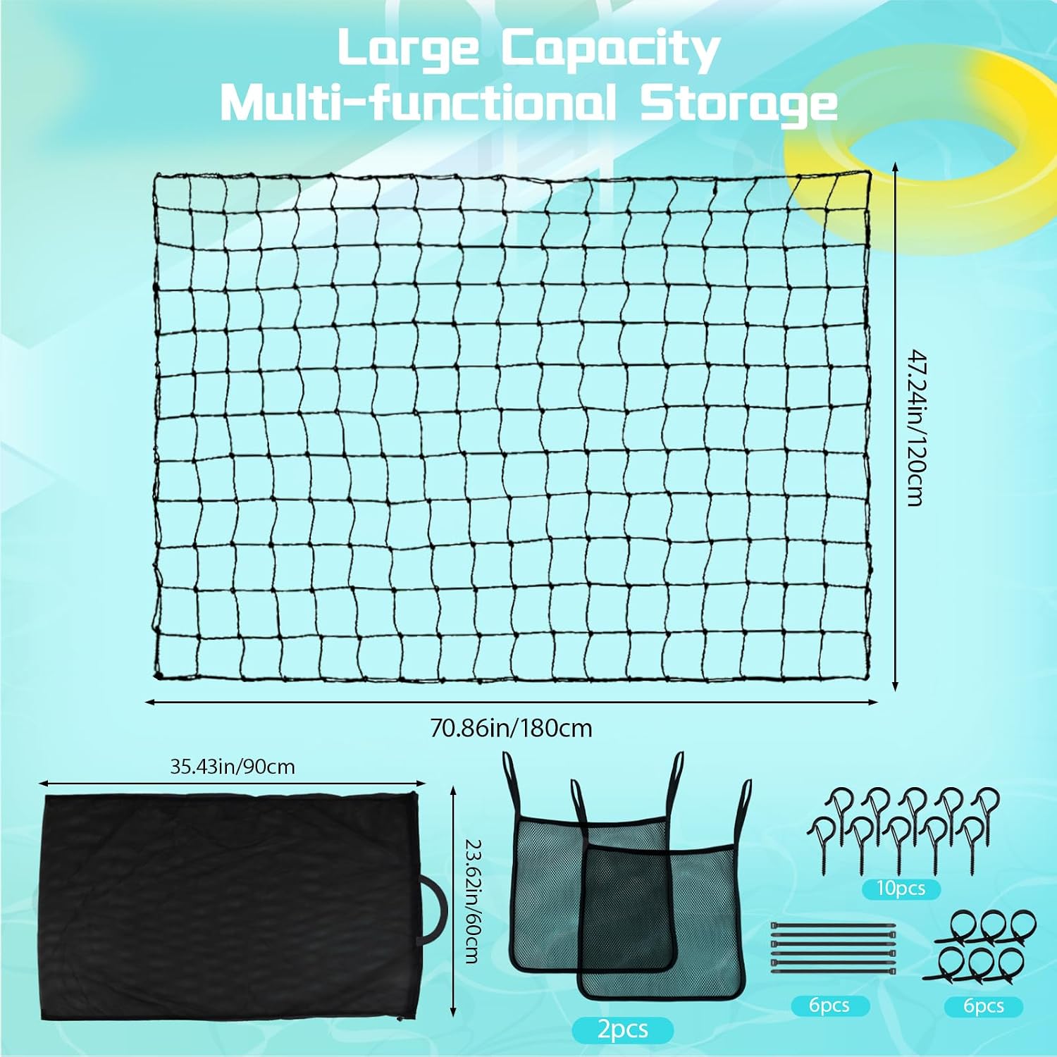 4PCS Extra Large Pool Float Storage Bag And Mesh Pool Noodles Storage Bags And Small Zipper Bags, 71" x 47" Hanging Elastic Mesh Pool Storage for Inflatable Rafts, Pool Noodles, Balls and Pool Toys