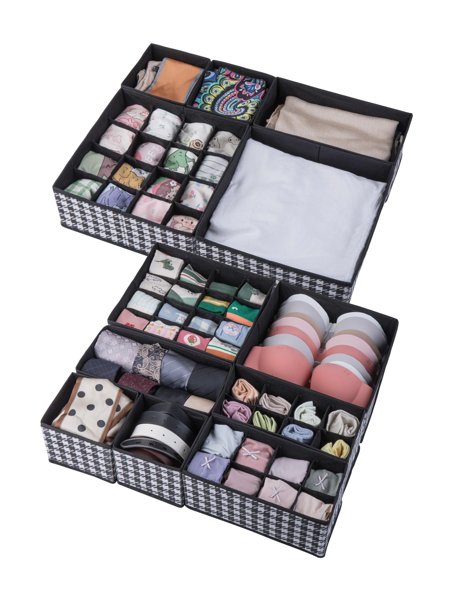12 Pack Drawer Organizers for Clothing - Foldable Collapsible Fabric Closet Organizer and Storage Dresser Drawer Divider, Storage Box for Underwear, Socks, Bra, Ties, Black and White