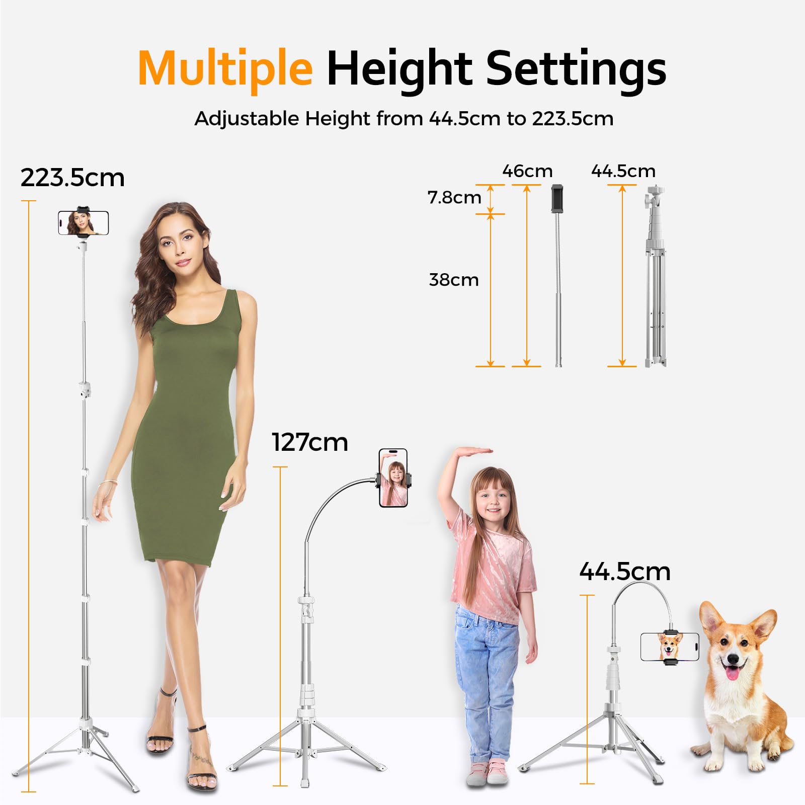 Aureday Statyw do telefonu komórkowego 225 cm, z elastycznym wężem 38 cm, obracany o 360°, pilot zdalnego sterowania Bluetooth i uchwyt do iPhone'a, telefonów komórkowych z systemem Android i aparatów