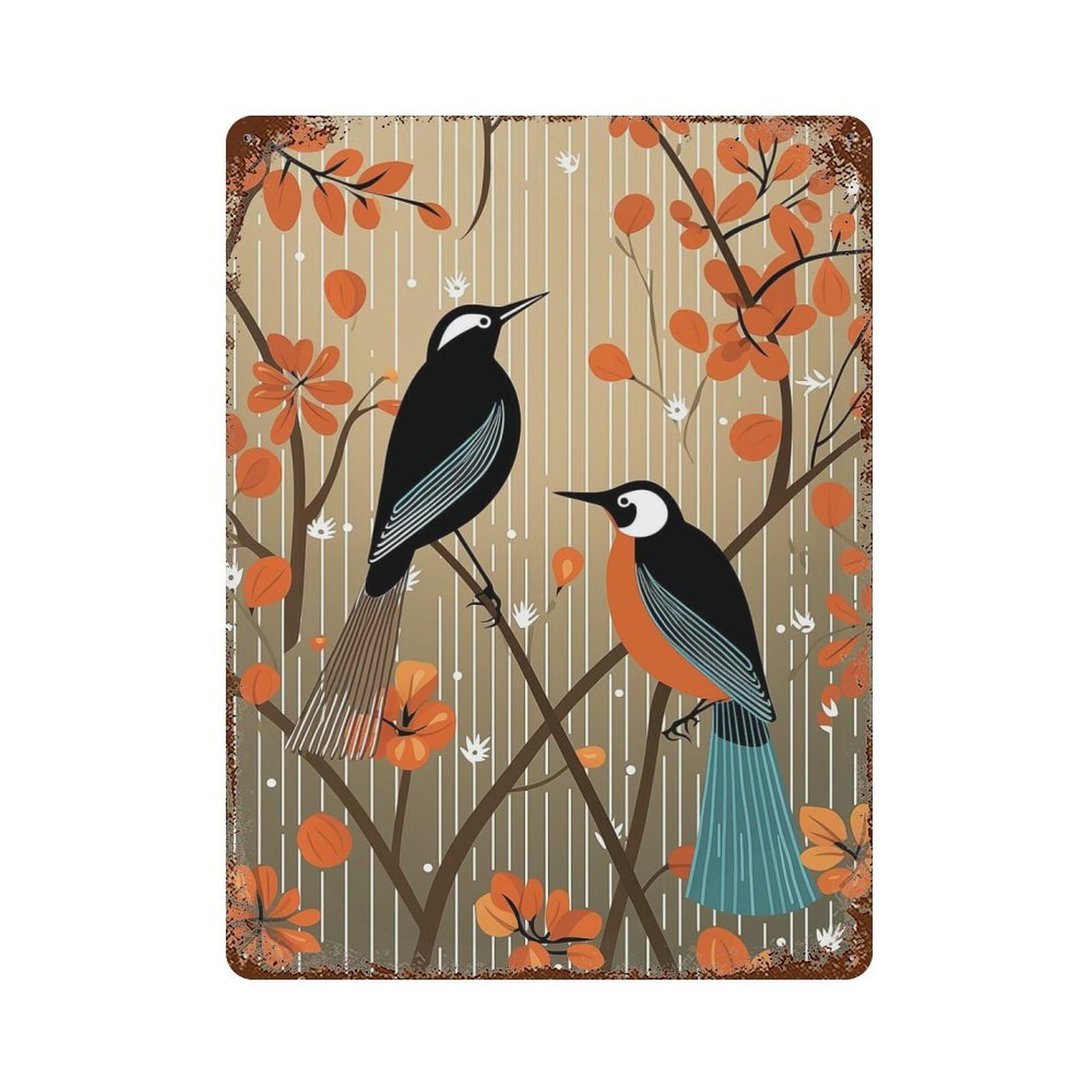 Aged Metal Wall Plaque with Stylized Birds on Branches Design 15.7"x11.8", for Pub, Kitchen And Man Cave Decor, Shabby Chic Decor