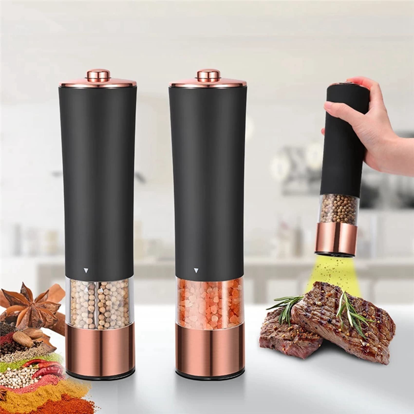 4Pcs Automatische Salz Pfeffer Grinder Elektrische Gewürzmühle Batteriebetrieben Einstellbare Grobheit Pfeffermühle Küche -Schwarz