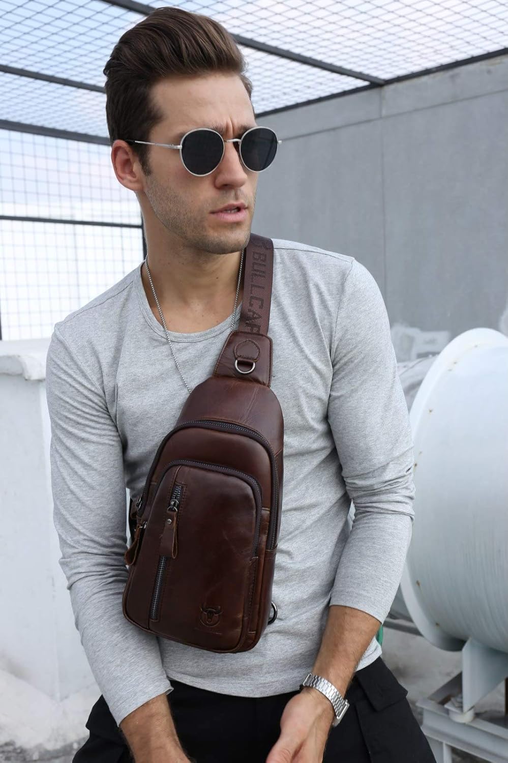Sling Bag, Leather Chest Bag Crossbody Shoulder Business Backpack Outdoor Coffee