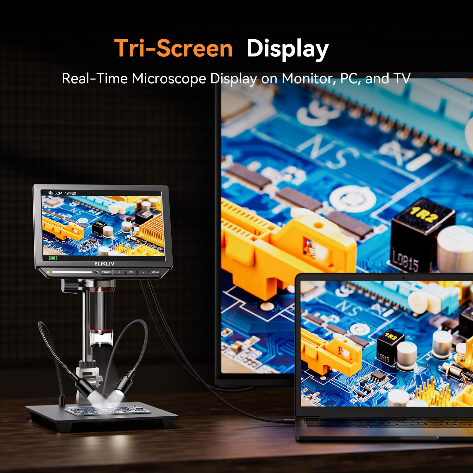 Elikliv EM4K 8" 4K Digitales Mikroskop, Münzmikroskop 2000x, 52MP HDMI Mikroskop, Lötmikroskop für Erwachsene, LCD Mikroskops für Elektronikreparatur, 3840P UHD Video Mikroskops, 10" Stand, 16G