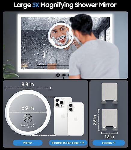 Miniatura 3 de Gospire Espejo de ducha con 3 aumentos, sin niebla para afeitarse, batería de 5000 mAh, giro de 360 y diseño magnético, espejo de afeitado de ducha