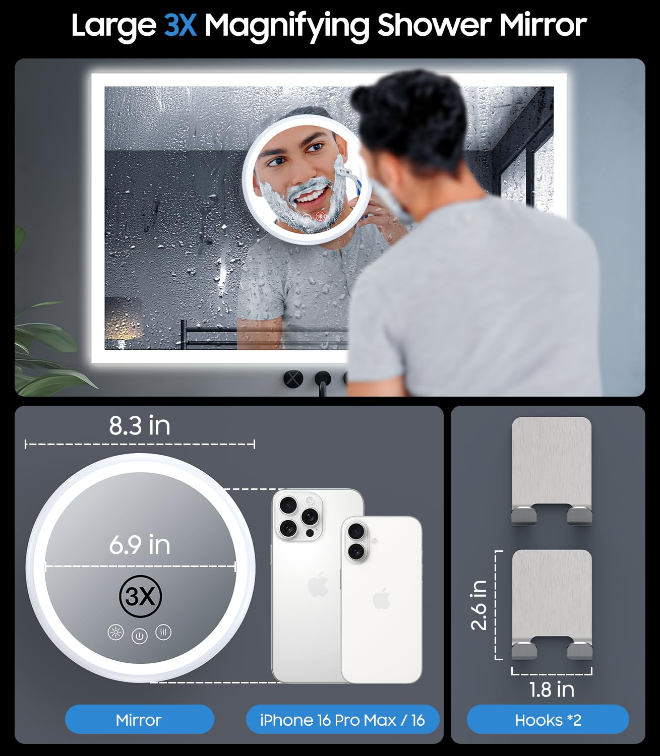 Specchio Da Barba Riscaldato Per Doccia Gospire Con Luce LED, Batteria Ricaricabile E Ventosa – Antiappannamento E Regolabile