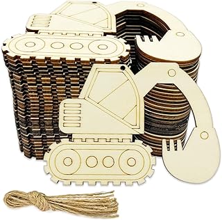 30pcs Unfinished Excavator Wood Construction Vehicle Craft Cutout Wooden Car Shaped Hanging Ornaments with Hole Hemp Ropes Gift Tags for Home Party Decoration Craft Project