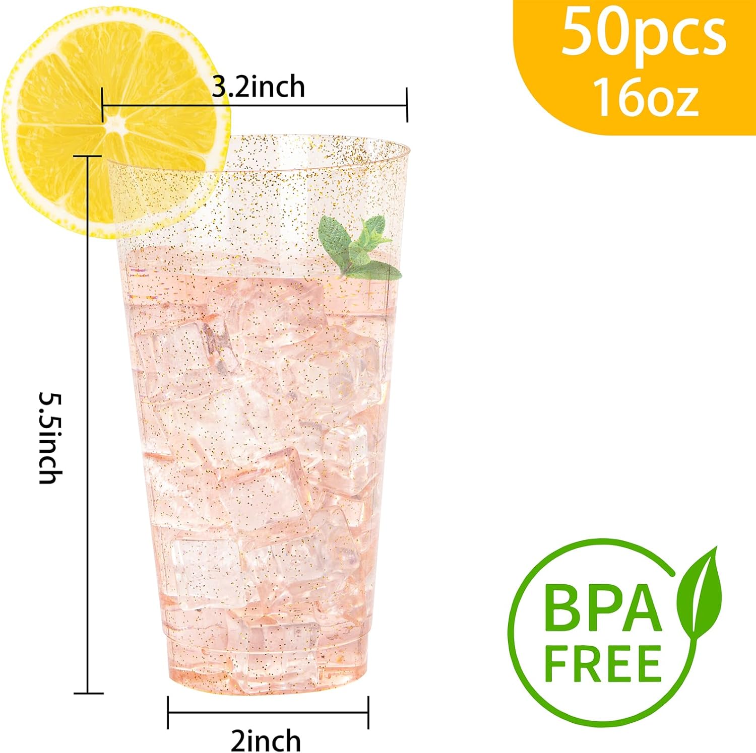 I00000 16 oz Gold Plastic Cups, 50 Pack Gold Glitter Plastic Cups Tumblers Disposable Party Cup Wedding Cup, Heavy-duty Plastic Disposable Glasses Ideal for Birthday, Wedding & Party - Image 3