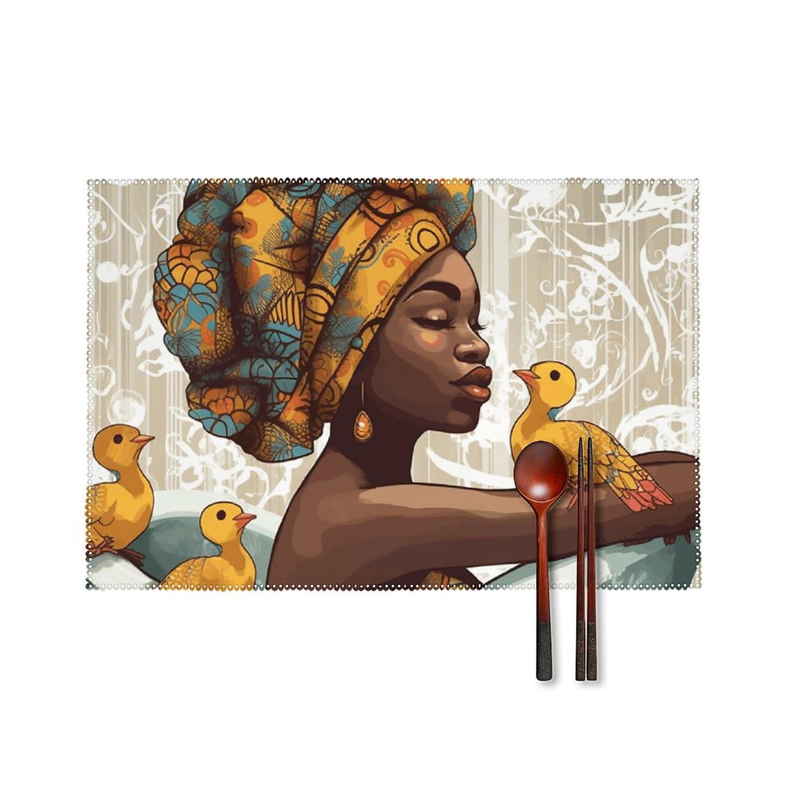 Placemats Set of 4 Washable Heat Resistant Place Mats Wipeable Table Mats African Girl Placemats for Kitchen Table Non-Slip Table Place Mats for Dining Table Indoor Outdoor
